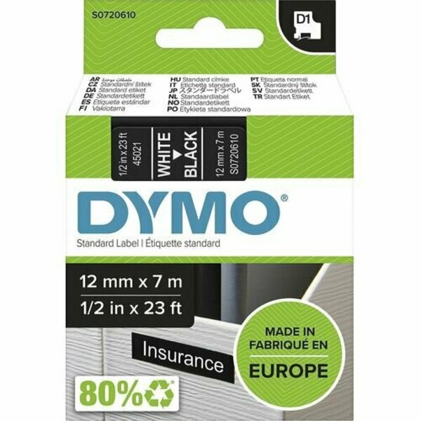 Dymo Label Tape, f/DYMO Labelmakers, 1/2inx23ft , White/Black DYMS0720610